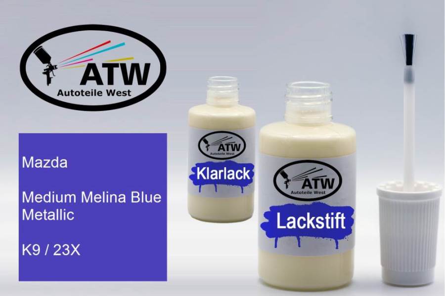 Mazda, Medium Melina Blue Metallic, K9 / 23X: 20ml Lackstift + 20ml Klarlack - Set, von ATW Autoteile West.